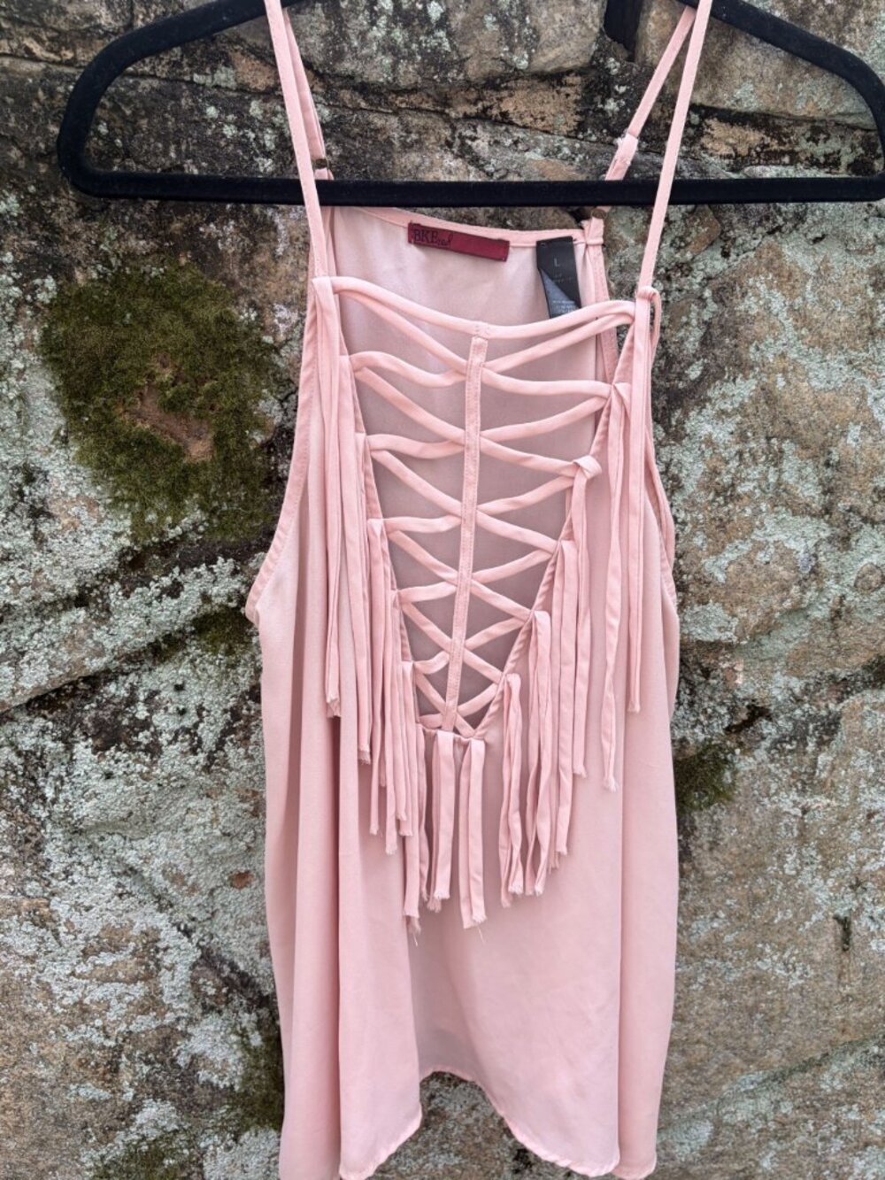 BKE Red Fringe Tank Top Large Blush Pink Crisscross Strappy Festival Y2K 00s